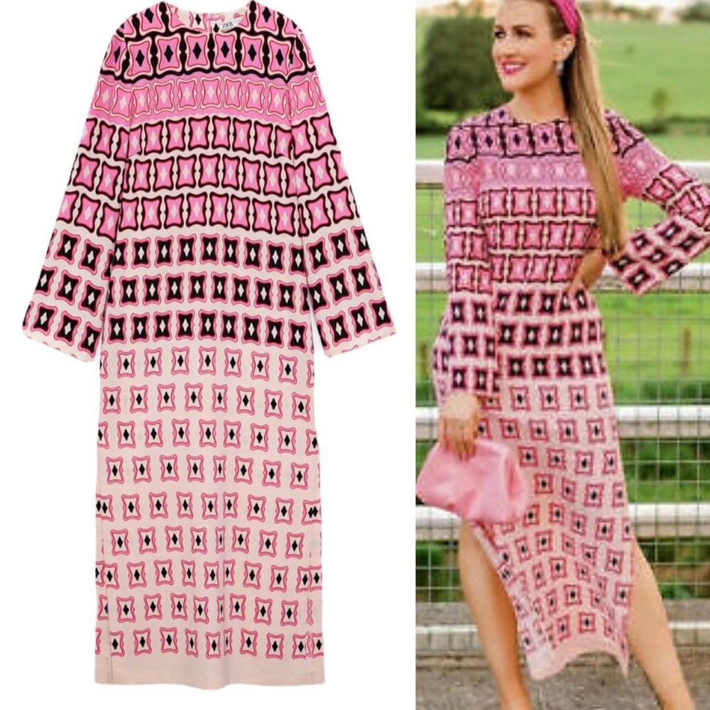 Zara Retro Geometric Printed Midi Dress Long Sleeve